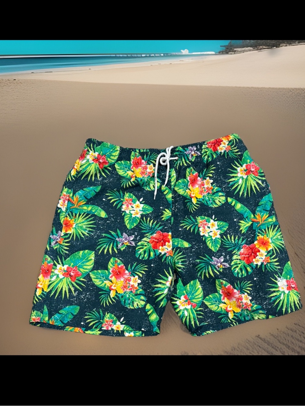 US Polo Assn Men's Large Tropical Floral Swim Shorts - Black Green 6” inseam